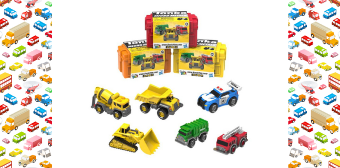 Six tiny Tonka vehicles in front of three Tiny Tonka Boxes